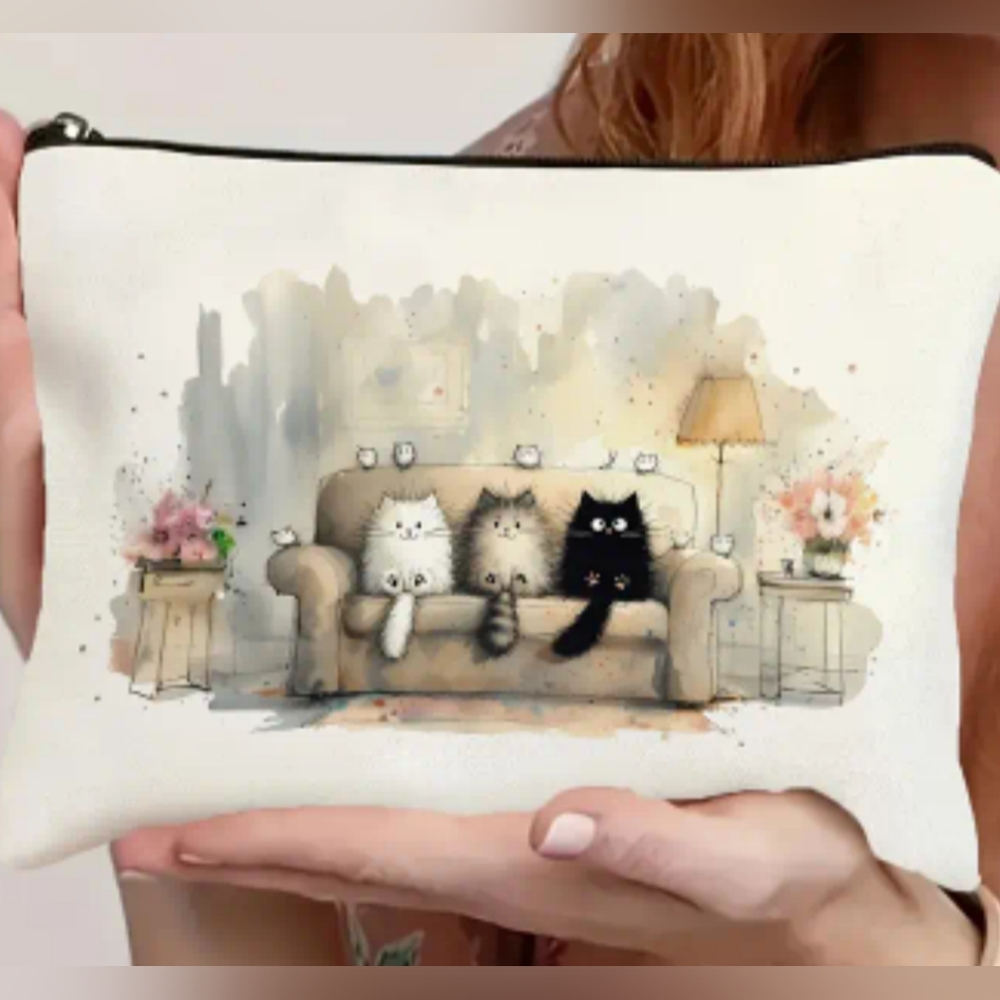 NEW Sofa Kitties Large Cosmetic Makeup Bag Pouch Cat Lady Gift